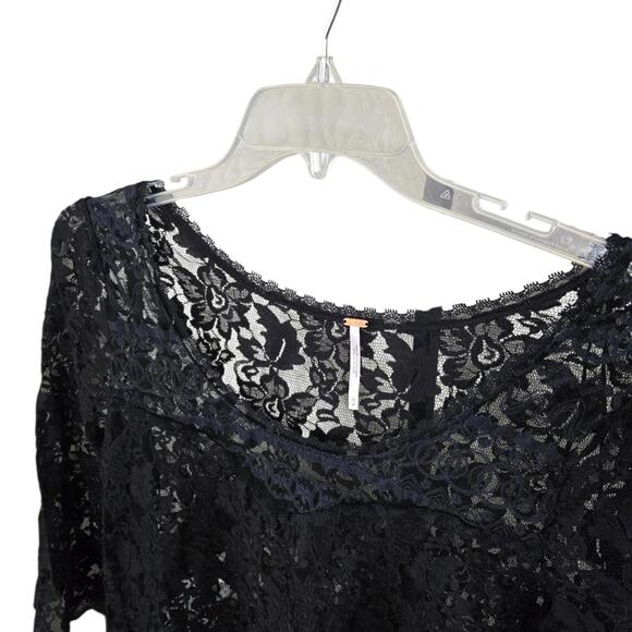 Free People Black Lace Bell Sleeve‎ Peplum Blouse Top M - Picture 3 of 7
